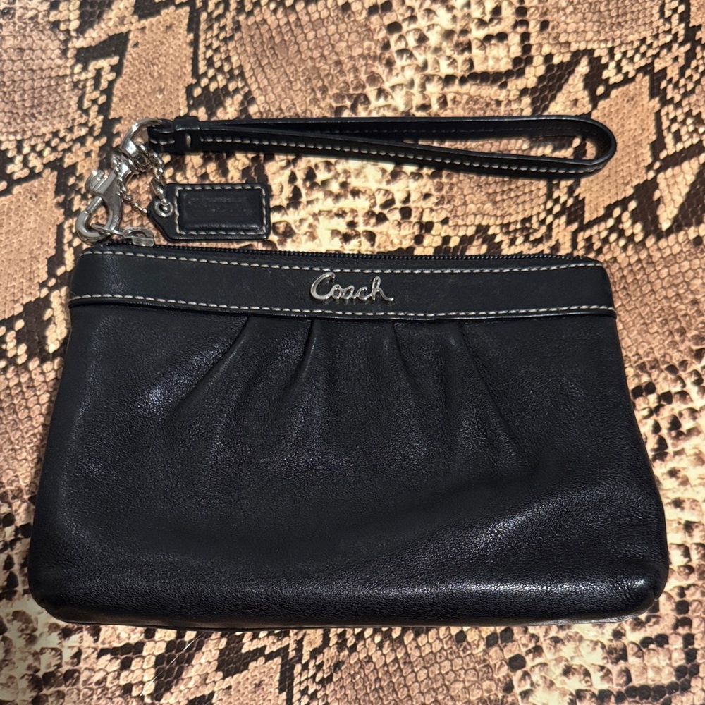 Coach Ashley Pleated Black Leather Wristlet with Silver Hardware